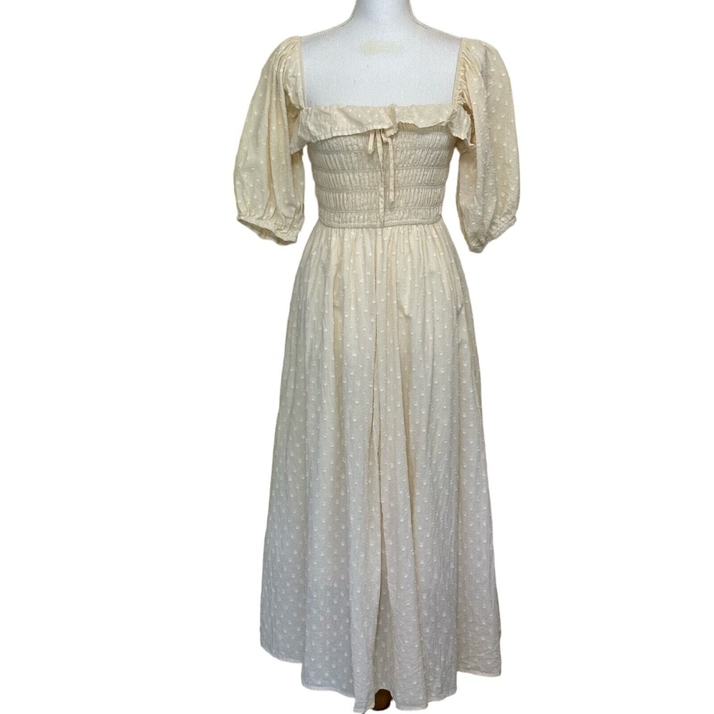 R. Vivimos Cream Swiss Dot Smocked Puff Sleeve Midi Dress Cottagecore Small